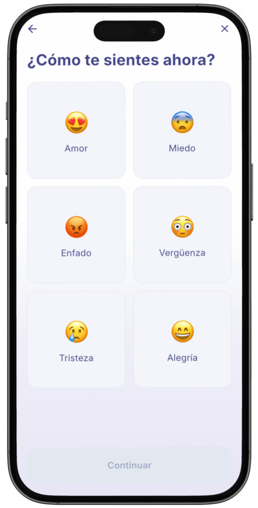 Pantalla de la app MindLogs preguntando cómo te sientes