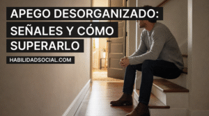 Hombre sentado en una escalera mirando una puerta entreabierta, imagen del apego desorganizado